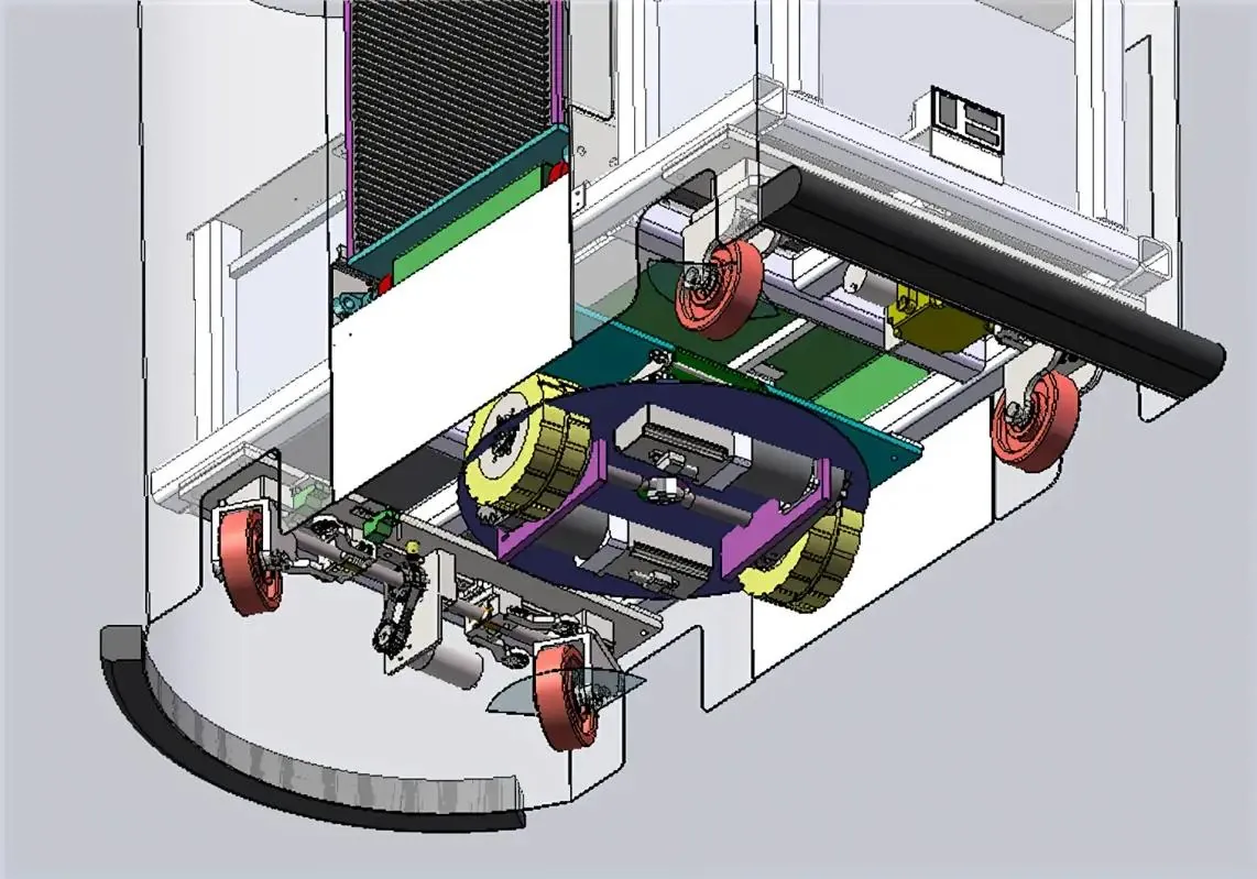 CAD rendering of an automated guided vehicle (AGV) chassis showing the complex undercarriage with drive tracks, caster wheels, and internal components.