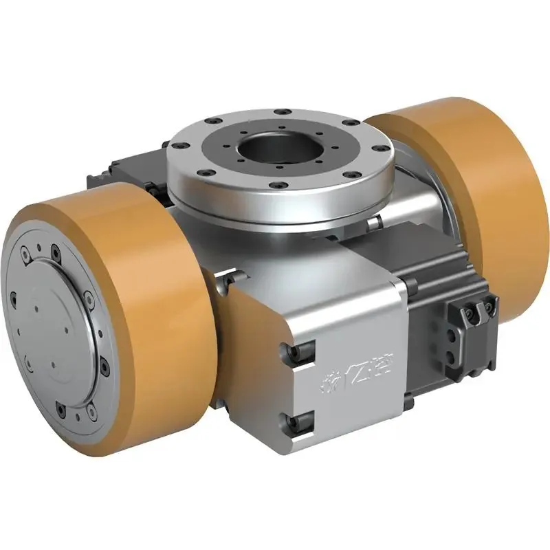 Omnidirectional drive module with orange polyurethane wheels, silver housing, and visible Chinese characters on the side.