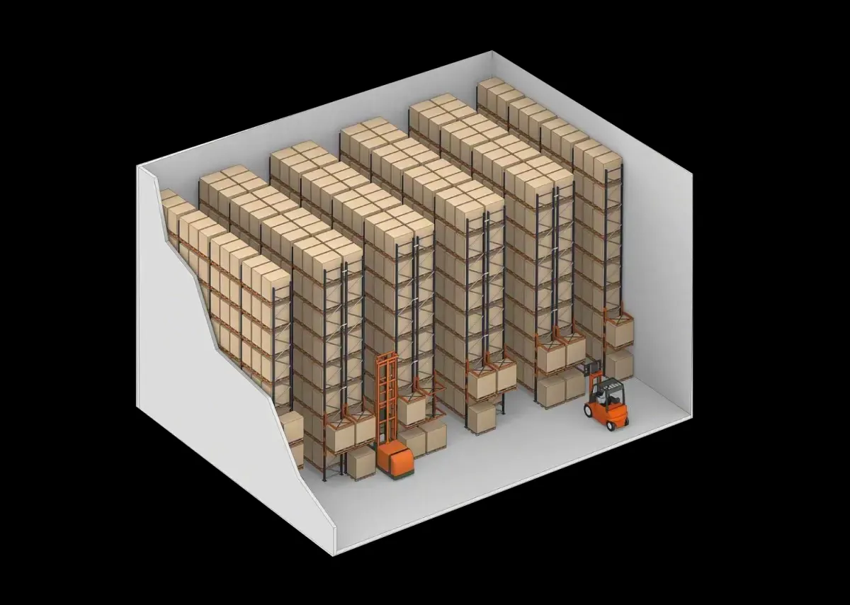 Isometric view of a high-density warehouse with tall pallet racking systems filled with cardboard boxes and two forklifts operating.