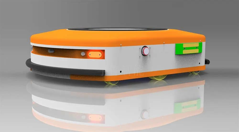 3D render of an orange and white autonomous mobile robot (AMR) with safety sensors, reflecting on a glossy floor.
