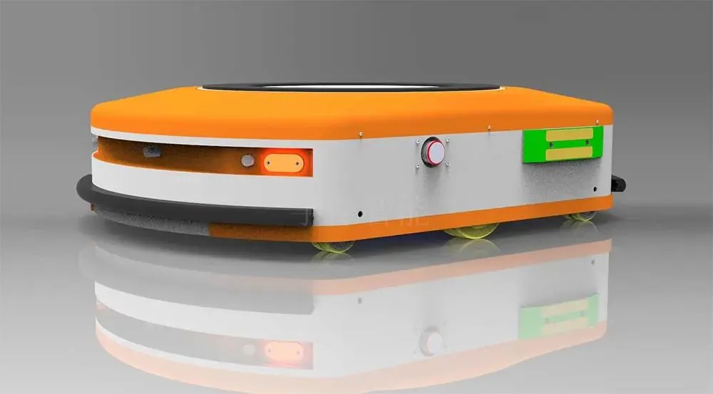 3D render of an orange and white autonomous mobile robot (AMR) with safety sensors, reflecting on a glossy floor.