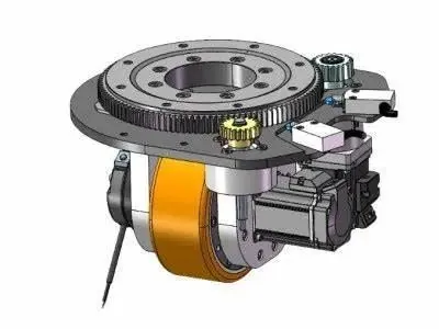 CAD drawing of a robotic drive unit featuring a large gear, a yellow drive wheel, and attached motor components.
