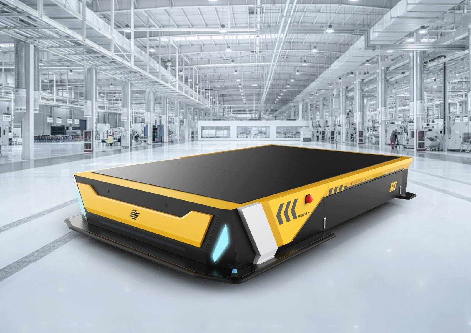 Automated Guided Vehicle (AGV) with yellow and black design, labeled "30T," operating in a large, bright factory setting.