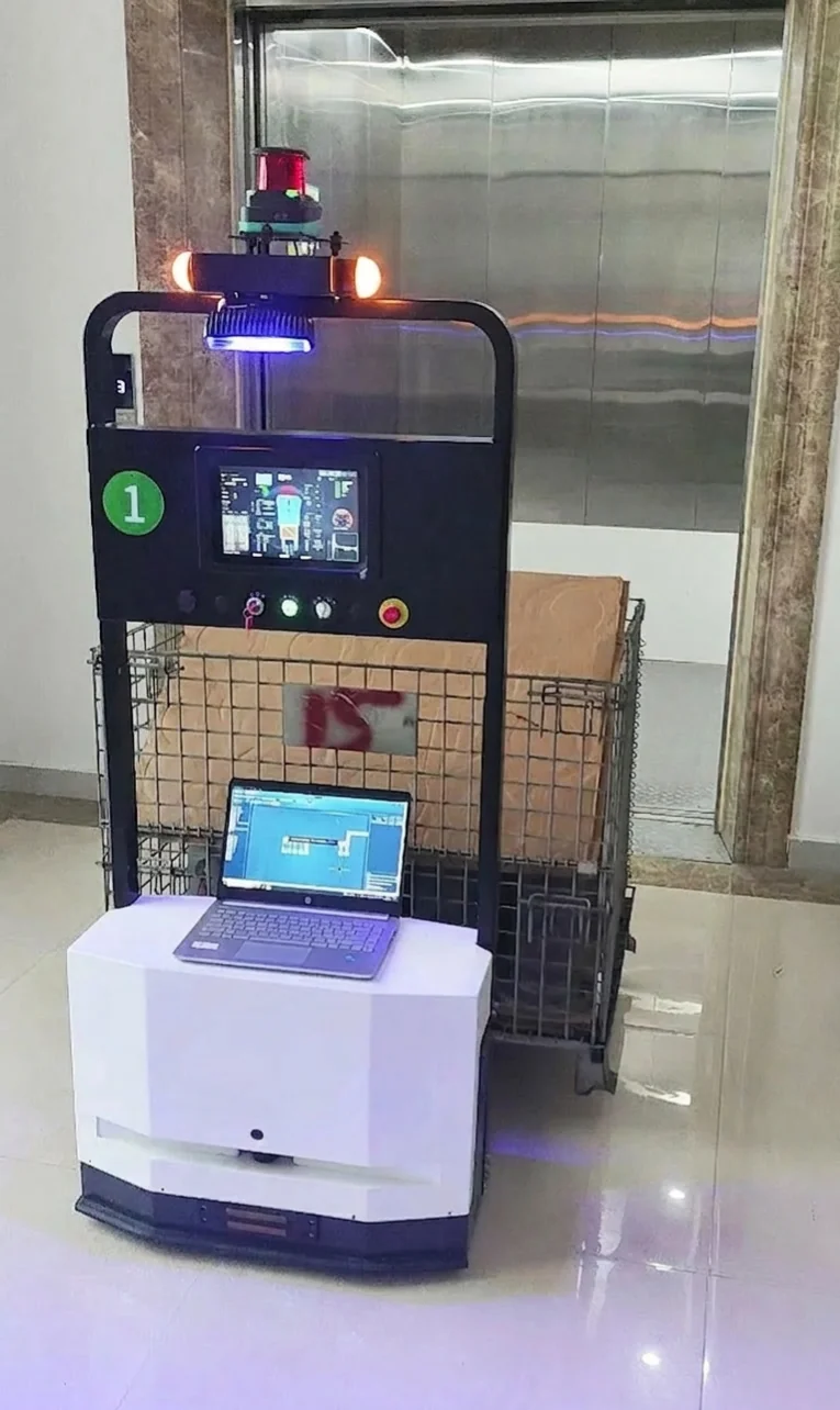 AGVs autonomously plan their routes to transport goods in indoor industrial environments equipped with elevators.