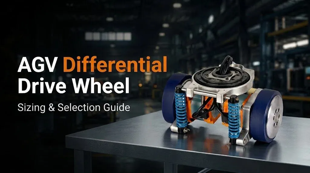 Dual-wheel AGV differential drive unit featuring blue wheels and suspension springs on a dark workbench.