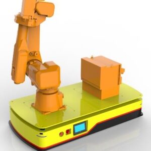 AGV + Robotic Arm Composite Robot (TL-FH-350DL-001) with an orange robotic arm and two orange boxes on a yellow base.