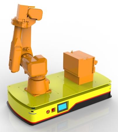 AGV + Robotic Arm Composite Robot (TL-FH-350DL-001) with an orange robotic arm and two orange boxes on a yellow base.