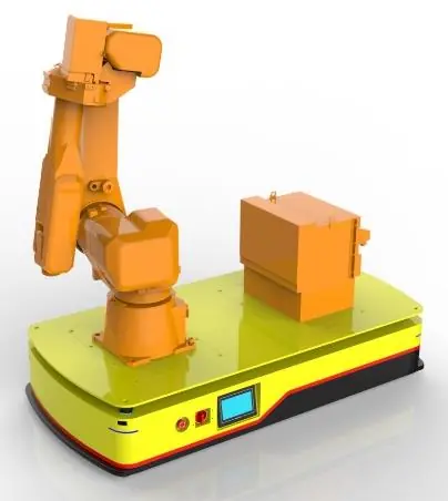 AGV + Robotic Arm Composite Robot (TL-FH-350DL-001) with an orange robotic arm and two orange boxes on a yellow base.