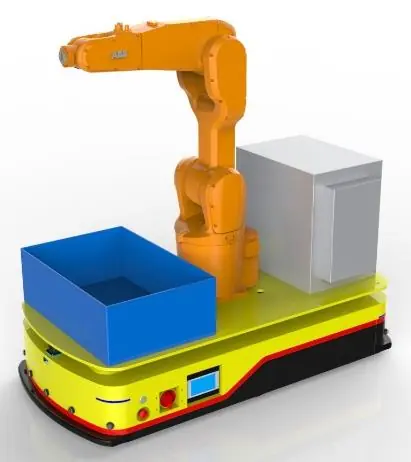 AGV + Robotic Arm Composite Robot (TL-FH-285SX-001) with an orange robotic arm, a blue bin, and a gray box on a yellow base.