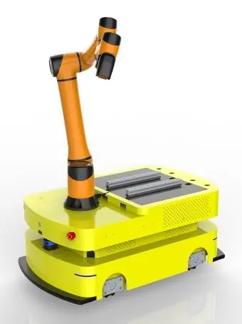 AGV + Robotic Arm Composite Robot (TL-FH-500SL-001) with an orange robotic arm mounted on a yellow AGV base.