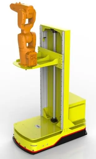 AGV + Robotic Arm Composite Robot (TL-FH-1890SX-001) with an orange robotic arm on a yellow vertical stand and base.