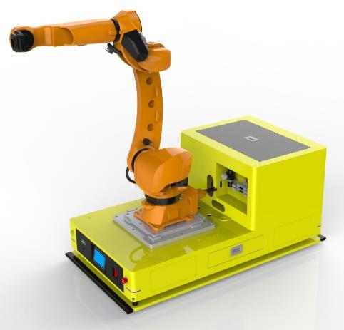 AGV + Robotic Arm Composite Robot (TL-FH-350DL-002) with an orange robotic arm and a yellow control box on a yellow base.
