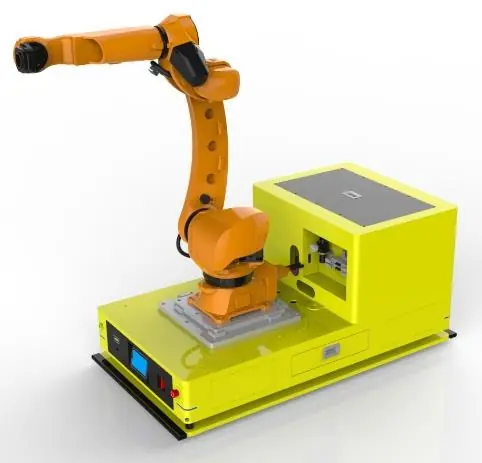 AGV + Robotic Arm Composite Robot (TL-FH-350DL-002) with an orange robotic arm and a yellow control box on a yellow base.