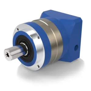 A blue and silver helical gear reducer is shown at an angle on a white background. The front features a silver shaft with a hexagonal opening.