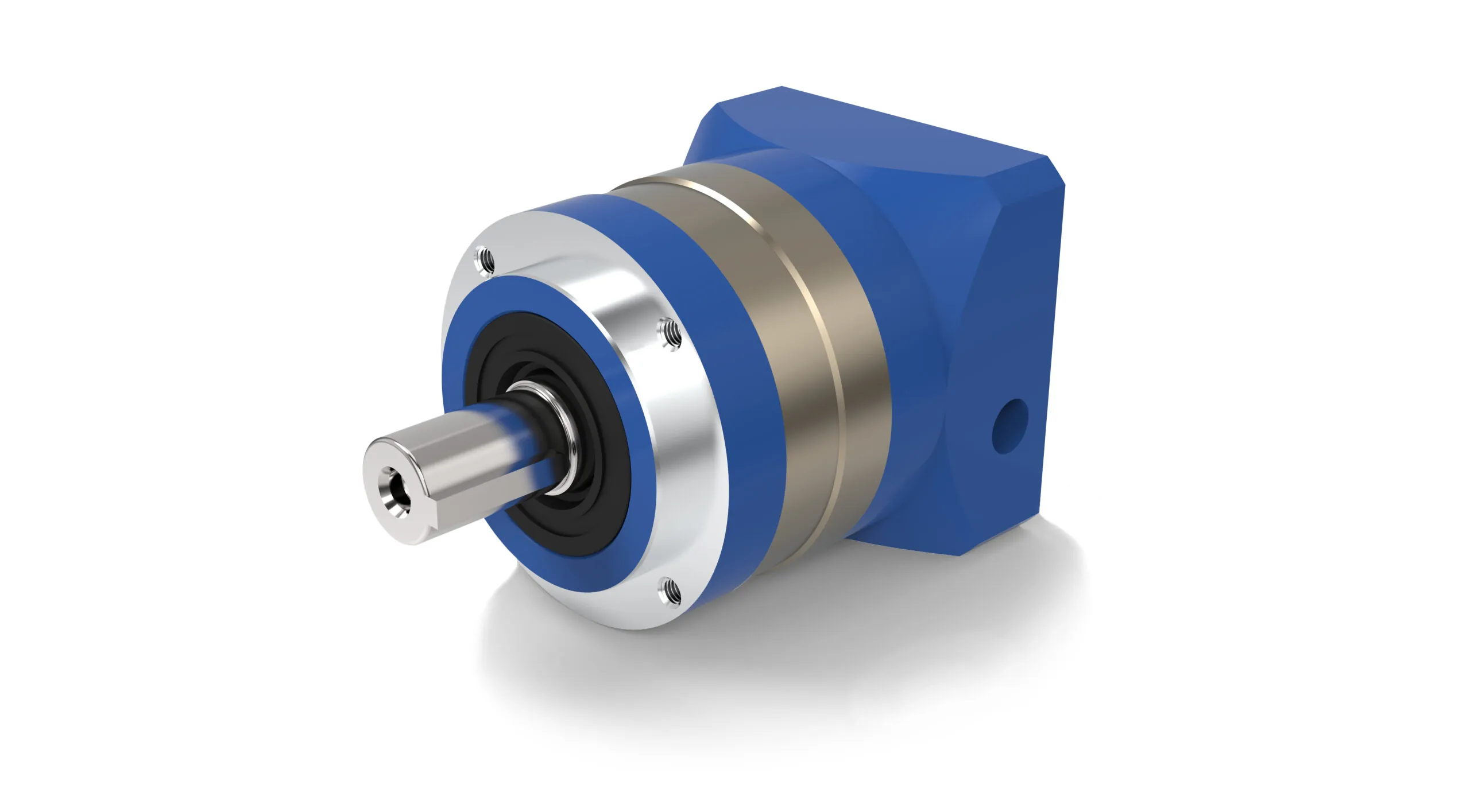 A blue and silver helical gear reducer is shown at an angle on a white background. The front features a silver shaft with a hexagonal opening.