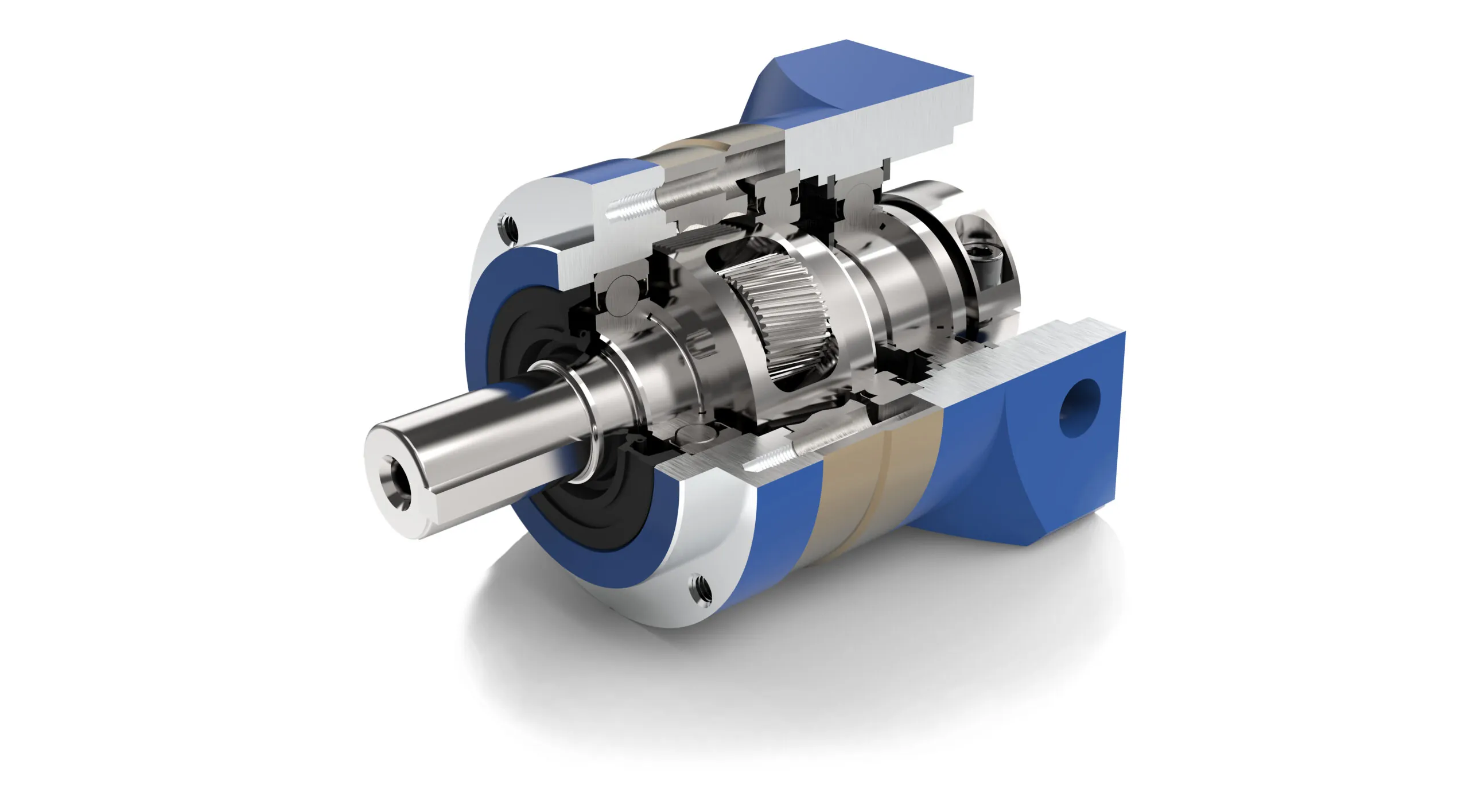 A blue and silver helical gear reducer is cut in half to reveal its internal components, including gears, bearings, and a shaft.