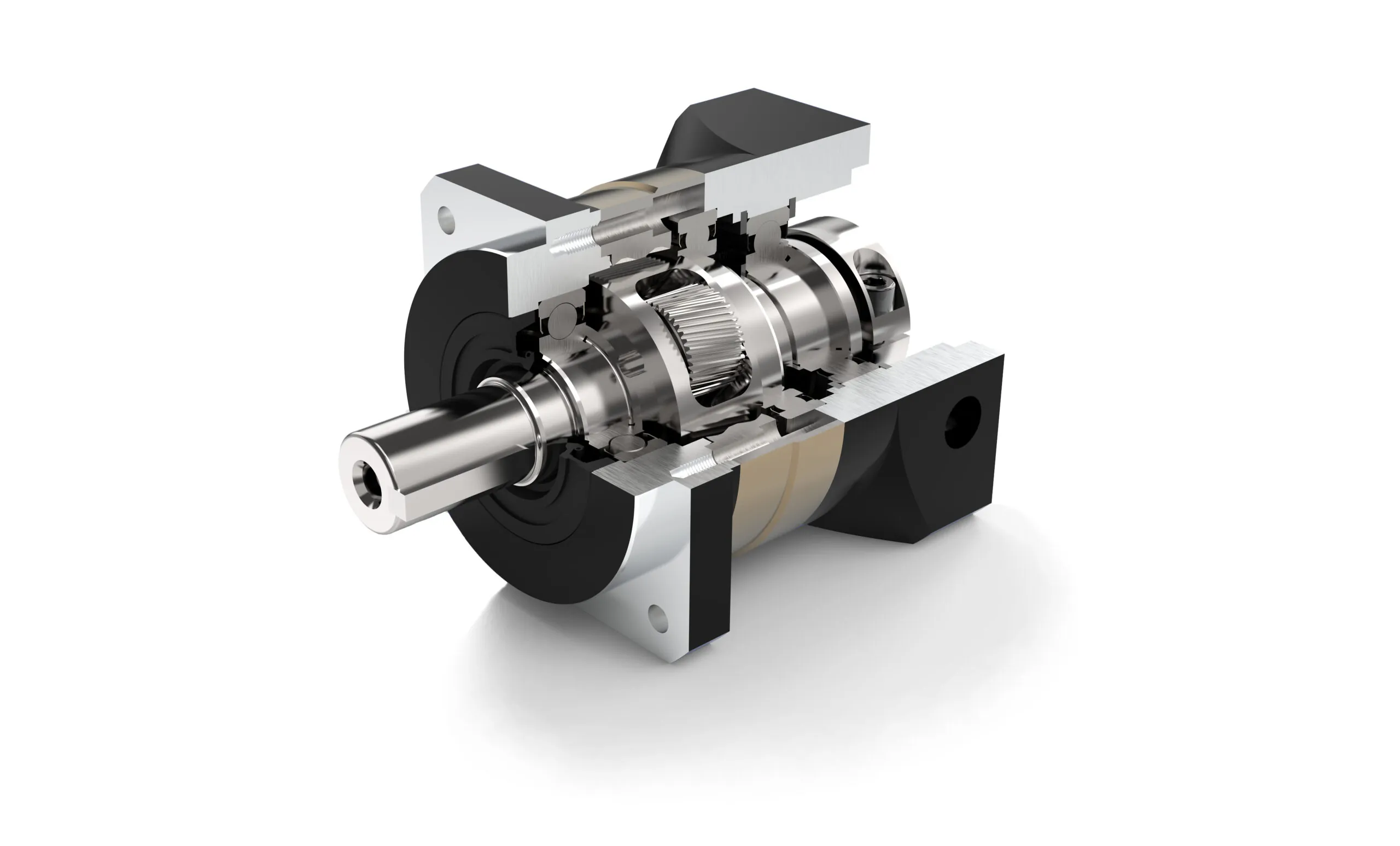 A 3D cutaway rendering of a planetary gearbox, showing the internal gears, bearings, and shafts, with a black and silver casing.