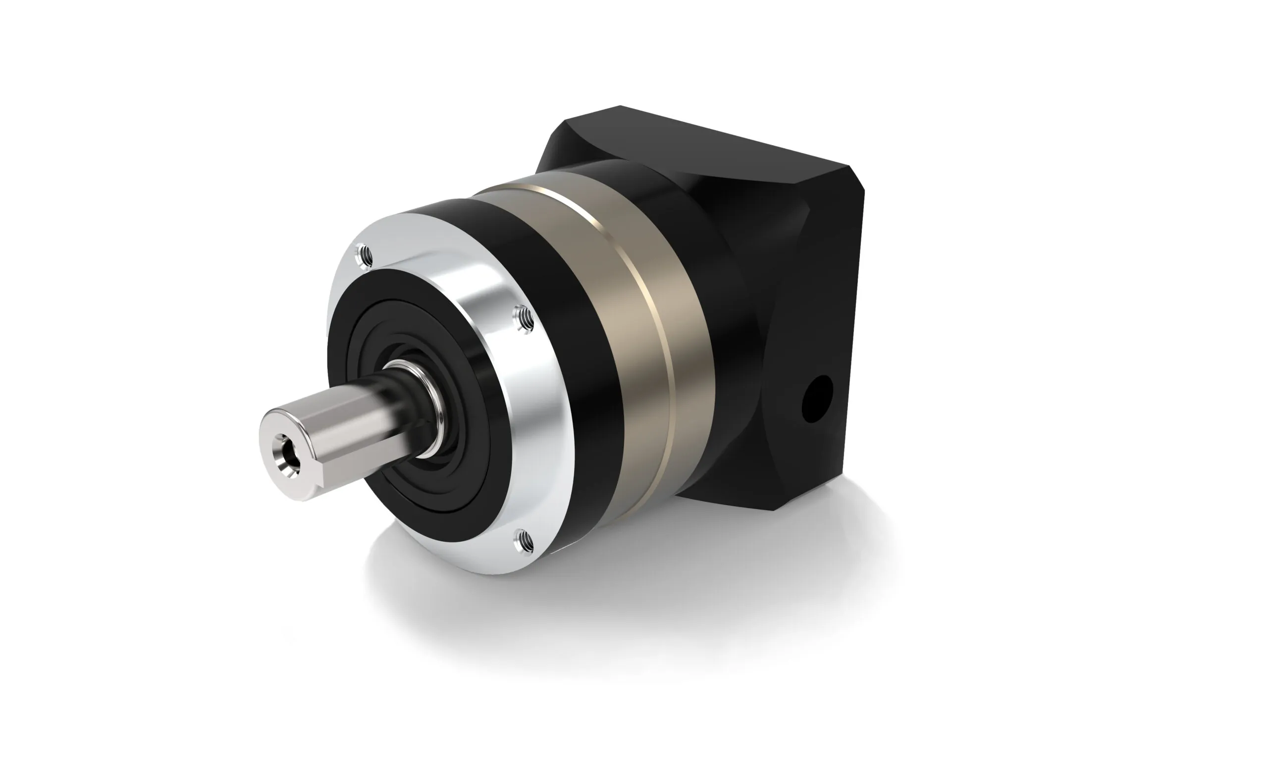 A 3D rendering of a planetary gearbox, featuring a black square mounting flange, a silver cylindrical body, and a polished output shaft.