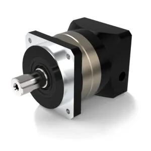 A 3D rendering of a planetary gearbox, featuring a silver square mounting flange with four bolt holes, a black cylindrical body, and a polished output shaft.