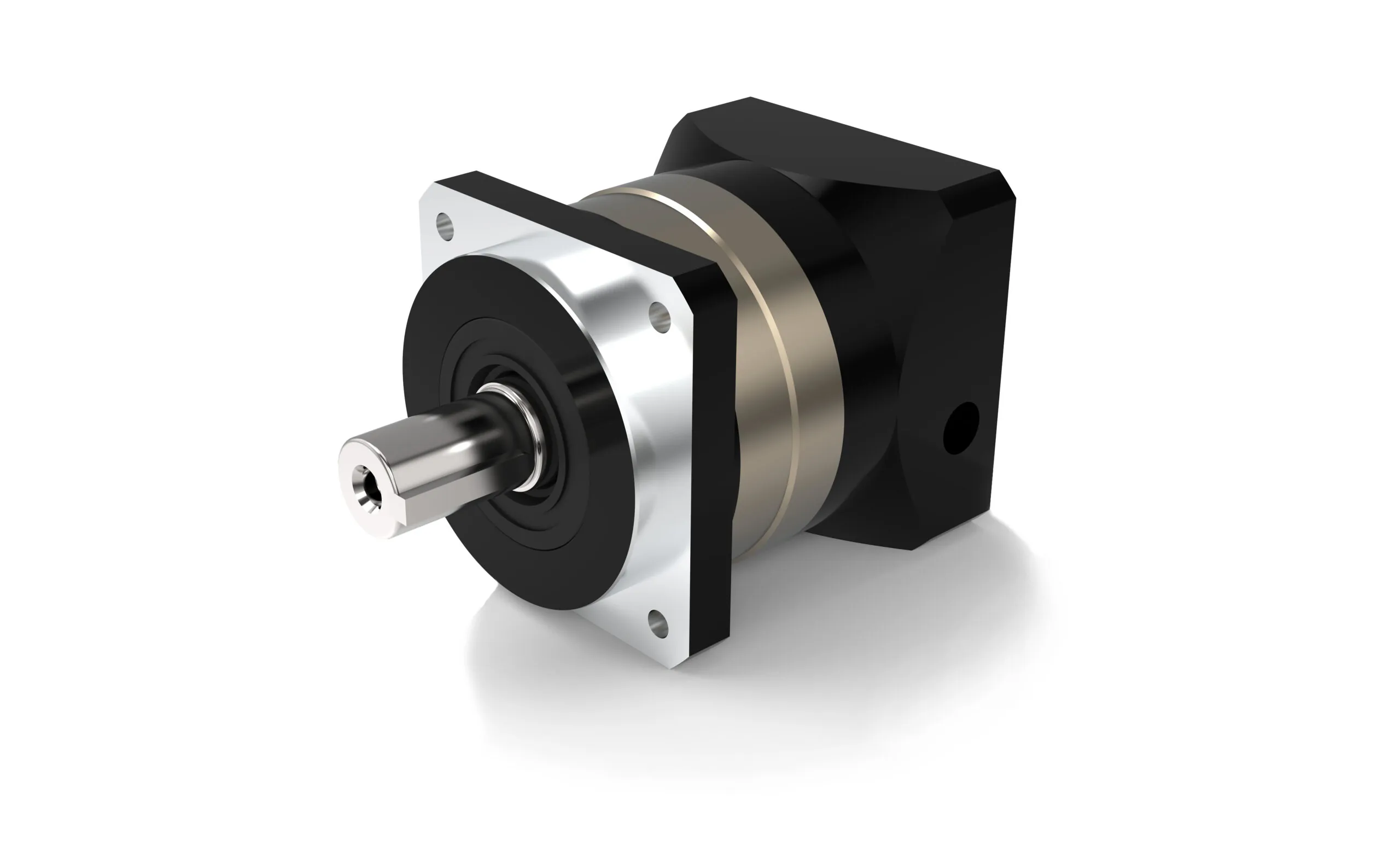 A 3D rendering of a planetary gearbox, featuring a silver square mounting flange with four bolt holes, a black cylindrical body, and a polished output shaft.