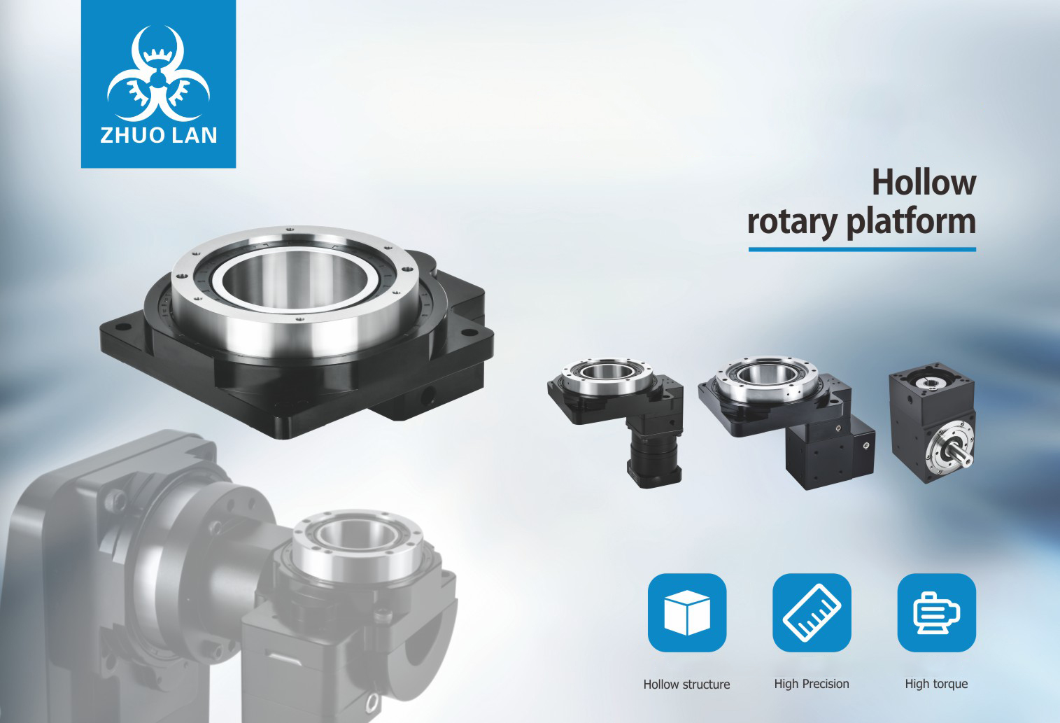 A "Hollow rotary platform" product image. It displays various black and silver rotary platforms and gearboxes, with icons for "Hollow structure," "High Precision," and "High torque."