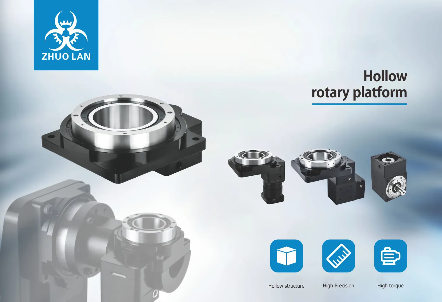 A "Hollow rotary platform" product image. It displays various black and silver rotary platforms and gearboxes, with icons for "Hollow structure," "High Precision," and "High torque."