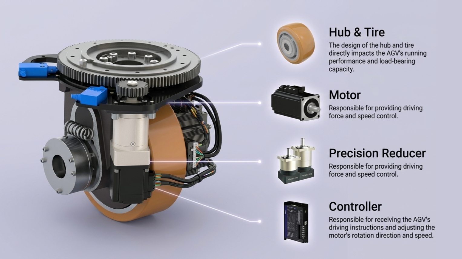 Industrial AGV drive-steering wheel assembly diagram with callouts for hub, tire, motor, reducer, and controller.