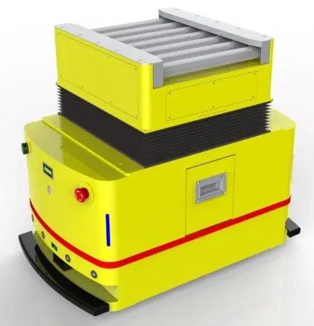 Bidirectional Lifting Roller Docking AGV (TL-JGT-700SX-001) with a yellow body and a lifting roller conveyor.