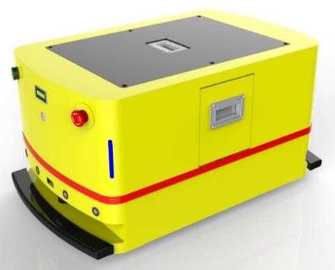 Bidirectional AGV (TL-BF-430SX-001) with a yellow body, black base, and a small blue screen on the front.