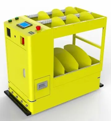 Bidirectional AGV (TL-BF-850SX-001) with a yellow body, black base, and multiple compartments on top.