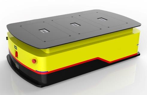 Bidirectional AGV (TL-BF-410SX-002) with a yellow body, black base, and a small blue screen on the front.