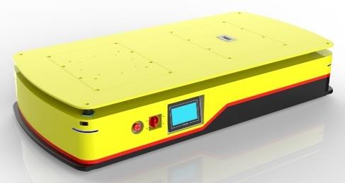 Dual-wheel Bidirectional AGV (TL-BF-350DL-001) with a yellow body, black base, and a small blue screen on the front.