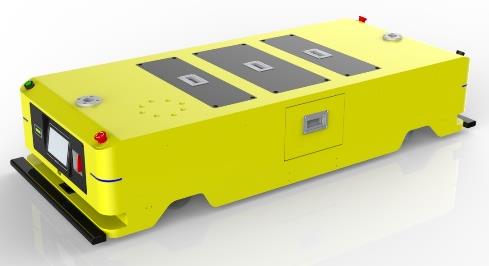 Dual-wheel Bidirectional AGV (TL-BF-350DL-002) with a yellow body, black base, and a small blue screen on the front.