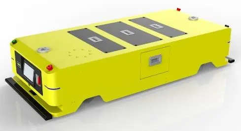 Dual-wheel Bidirectional AGV (TL-BF-350DL-002) with a yellow body, black base, and a small blue screen on the front.