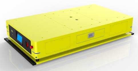 Dual-wheel Bidirectional AGV (TL-BF-350DL-003) with a yellow body, black base, and a small blue screen on the front.