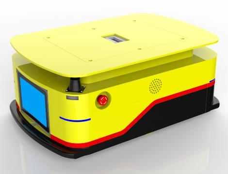 Laser SLAM Navigation Bidirectional AGV (TL-BF-350SL-001) with a yellow body, black base, and a small blue screen on the front.