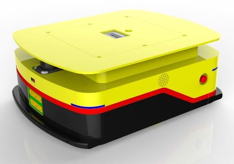 Laser SLAM Navigation Bidirectional AGV (TL-BF-350SL-001) with a yellow body, black base, and a small blue screen on the front.