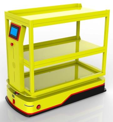 Laser SLAM Navigation Bidirectional AGV (TL-BF-350SL-001) with a yellow body, black base, and three shelves.