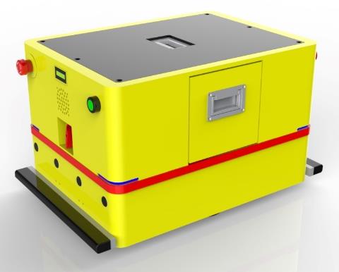 Bidirectional AGV (TL-BF-360SX-001) with a yellow body, black base, and a small blue screen on the front.