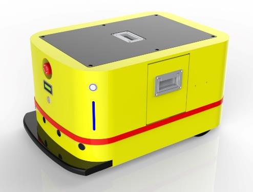 Unidirectional AGV (TL-BF-360DX-001) with a yellow body, black base, and a small screen on the side.