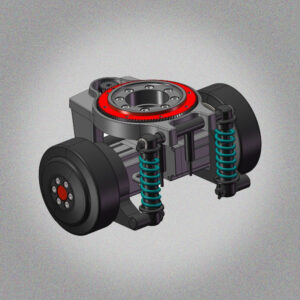 A 3D rendering of a robotic chassis with two black wheels, two teal shock absorbers, and a large red gear ring on top.