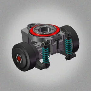 A 3D rendering of a robotic chassis with two black wheels, two teal shock absorbers, and a large red gear ring on top.