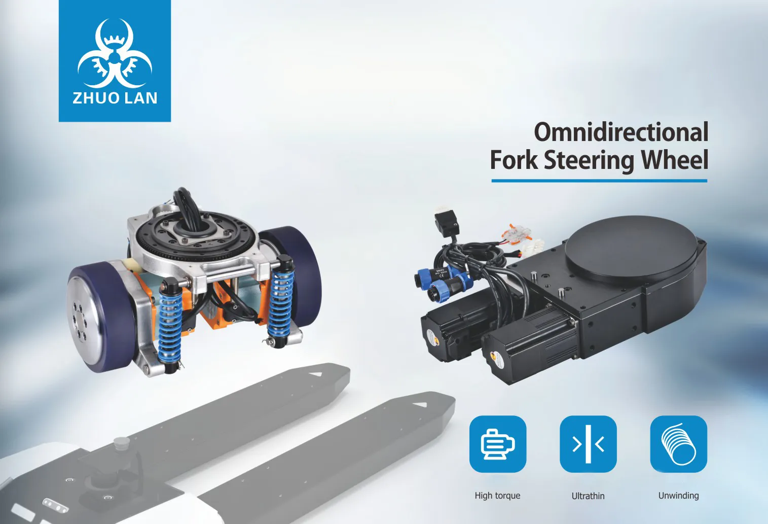 Industrial steering assembly with blue springs and purple rollers next to a black motor drive unit with cables.