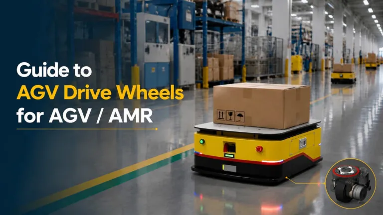 A yellow warehouse robot carrying a cardboard box, with an inset showing its drive wheel assembly.