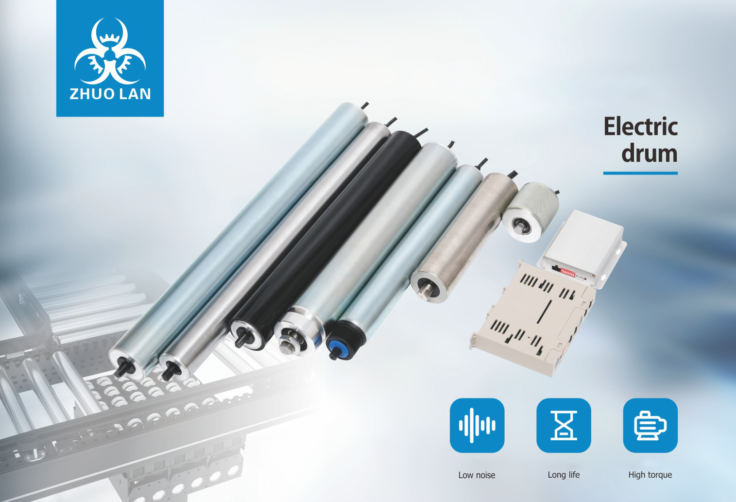 An array of electric drum rollers in various sizes and finishes, including silver and black, are displayed with two control units. The image features the "ZHUO LAN" logo and text "Electric drum," "Low noise," "Long life," and "High torque."