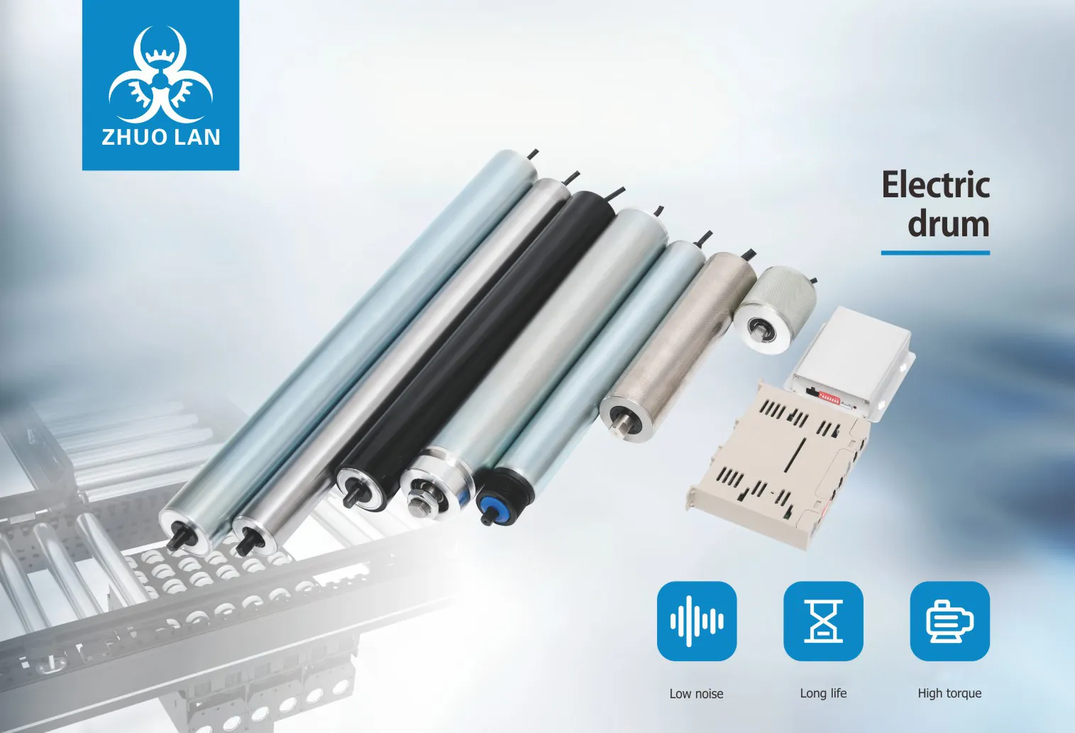 An array of electric drum rollers in various sizes and finishes, including silver and black, are displayed with two control units. The image features the "ZHUO LAN" logo and text "Electric drum," "Low noise," "Long life," and "High torque."