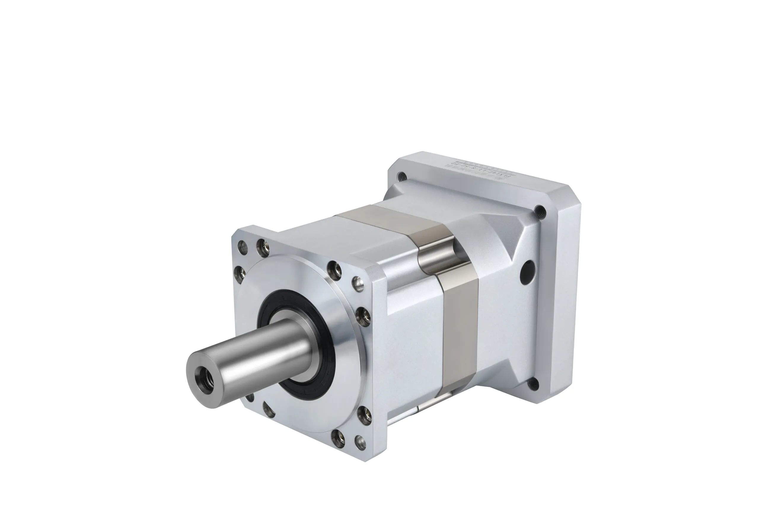 A silver planetary gearbox with a horizontal output shaft, featuring a label with "PLX142-L1-8-S2-P2" and Chinese characters.