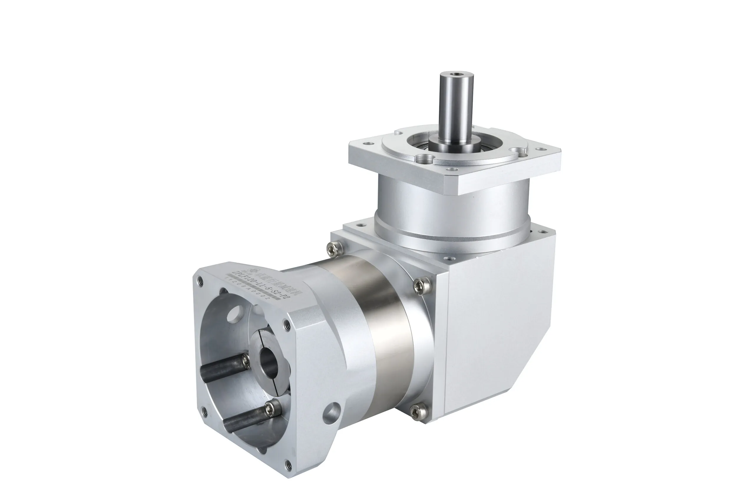 A silver and gray right-angle planetary gearbox with a vertical output shaft and a horizontal input flange, featuring a label with "ZPLF120-L1-5-S2-P2" and Chinese characters.