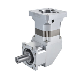 A silver and gray right-angle planetary gearbox with a horizontal output shaft and a vertical input flange, featuring a label with "ZPLX142-L2-5-S2-P2" and Chinese characters.