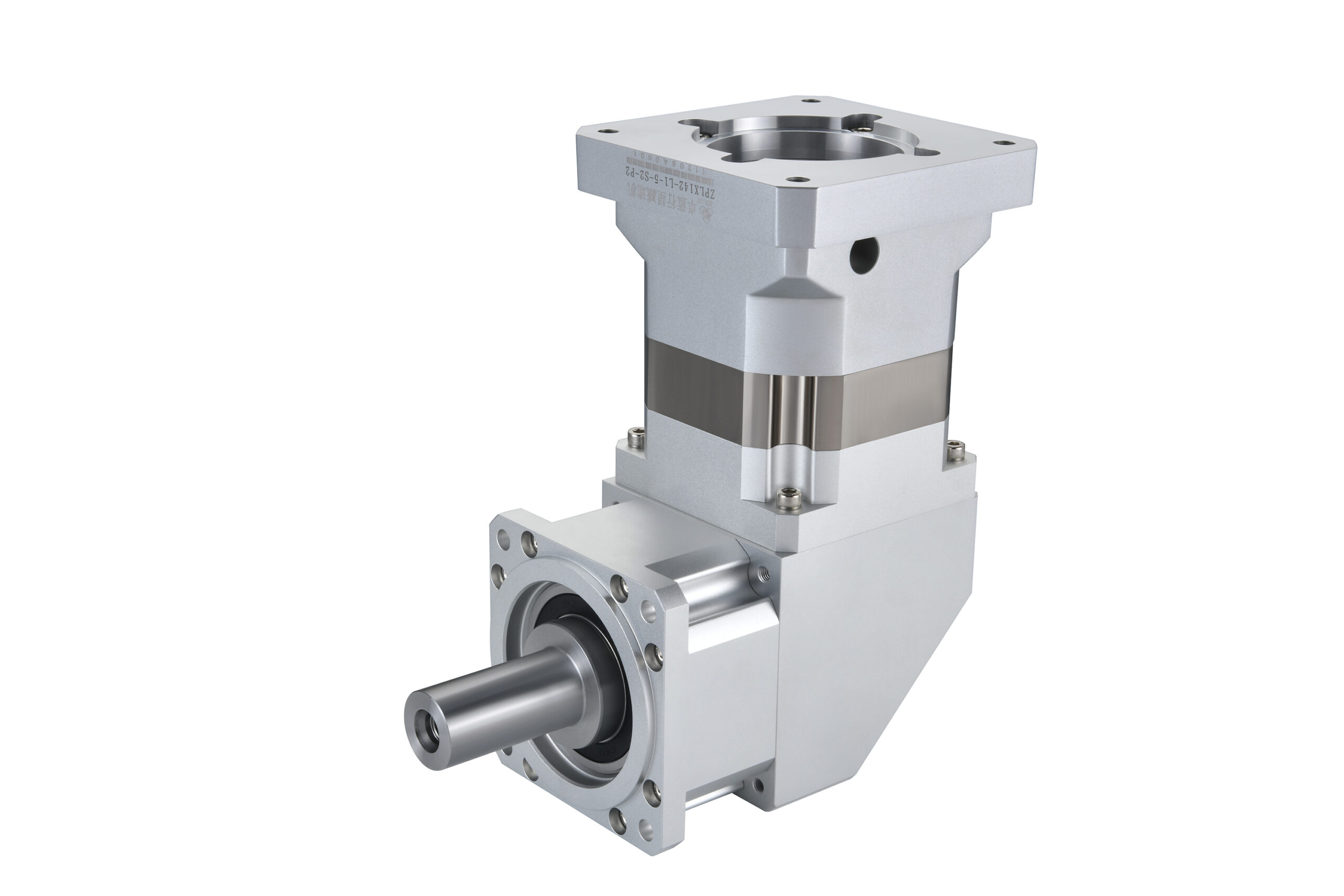 A silver and gray right-angle planetary gearbox with a horizontal output shaft and a vertical input flange, featuring a label with "ZPLX142-L2-5-S2-P2" and Chinese characters.